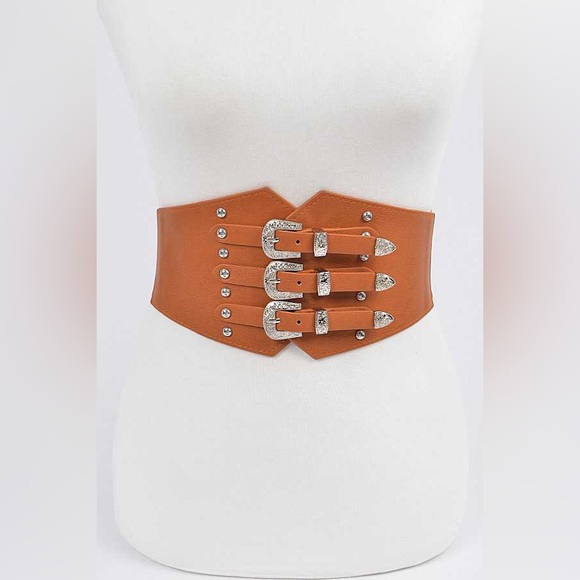 Western Triple Buckle Elastic Corset Statement Belt - Picture 5 of 8